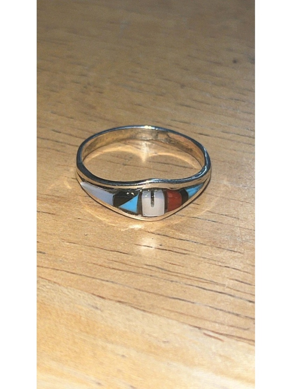 Zuni sterling silver turquoise coral inlay traditional ring size 6.5 -Clinton